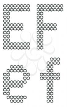 Letters of alphabet, E and F, composed of screw nuts, industrial font