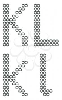 Letters of alphabet, K and L, composed of screw nuts, industrial font