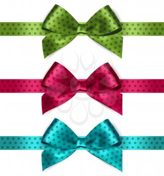 Set of Shiny satin ribbon with polka dots on white background. Red, green, blue color. Vector