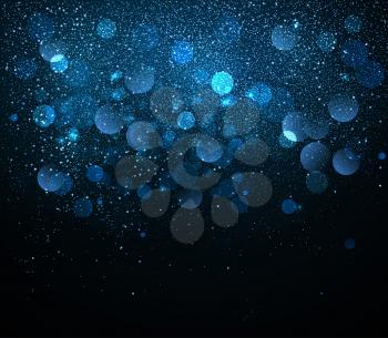 Holiday Abstract shiny color blue gold bokeh design element and glitter effect on dark background. For website, greeting, discount voucher, greeting and poster design