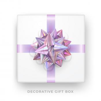 Decorative white gift box with holographic bow and ribbon isolated on white background. Top view. Vector illustration