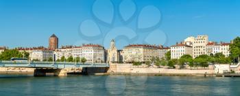 The riverside of the Rhone in Lyon. Auvergne-Rhone-Alpes, France