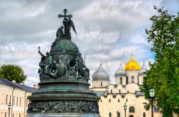 The Millennium of Russia bronze monument with Saint Sophia Cathedral in the Novgorod Kremlin, Russian Federation