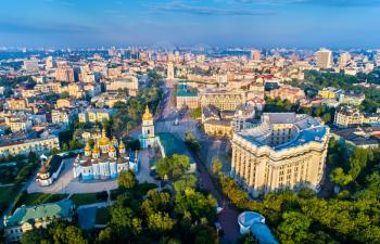 Aerial view of St. Michaels Golden-Domed Monastery, Ministry of Foreign Affairs and Saint Sophias Cathedral in Kiev, Ukraine