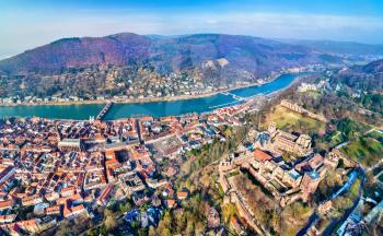 Aerial panorama of Heidelberg with the castle and the Neckar River. Germany - Baden-Wurttemberg