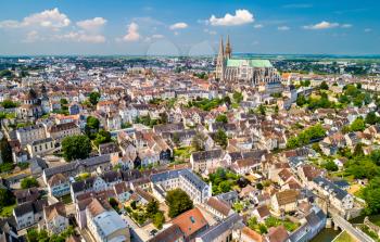 Aerial view of Chartres city with the Cathedral of Our Lady. A UNESCO world heritage site in Eure-et-Loir department of France