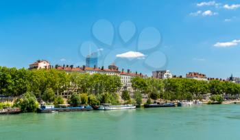 The riverside of the Rhone in Lyon. Auvergne-Rhone-Alpes, France