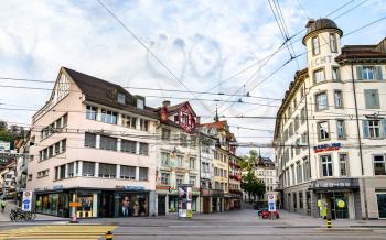 St. Gallen, Switzerland - August 16, 2020: Traditional architecture of Sankt Gallen, popular travel destination in Eastern Switzerland