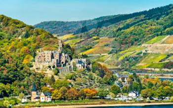 View of Reichenstein Castle in the Upper Middle Rhine Valley. UNESCO world heritage in Germany