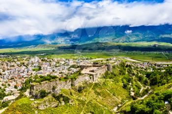 Aerial view of Gjirokaster Fortress. UNESCO world heritage in Albania