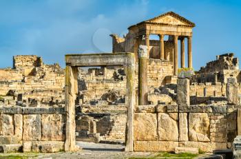 The Roman Capitol at Dougga. A UNESCO heritage site in Tunisia, North Africa