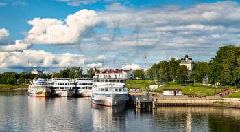 Cruise ships on the Volga river in Uglich, a part of a tourist route of the Golden Ring of Russia