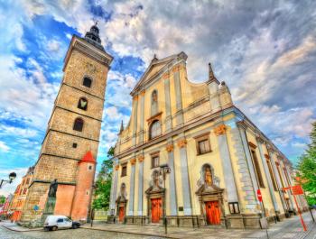Black Tower and St. Nicholas Cathedral in Ceske Budejovice, Czech Republic.