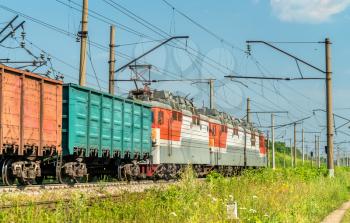 Electric locomotive with a freight train in Russia, Ryazan region