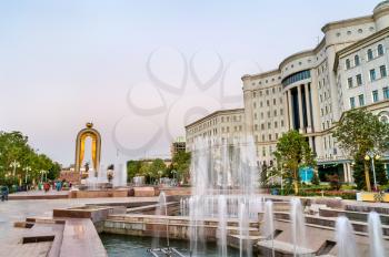Fountain and the National Library in Dushanbe, the Capital of Tajikistan. Central Asia