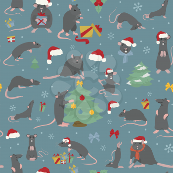 Rats christmas seamless pattern. Rat poses and exercises. Cute cartoon new year clipart set. Vector illustration