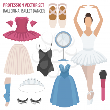 Profession and occupation set. Ballerina equipment flat design icon. Different suits of ballet dancer. Vector illustration 