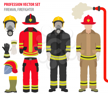 Profession and occupation set. Fireman equipment, firefighter service staff uniform flat design icon.Vector illustration 