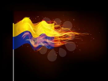 Ukrainian flag in flames. Illustrates the problem of armed conflict in Ukraine.