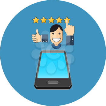 Smartphone positive review concept. Isometric design. Icon in blue circle on white background.
