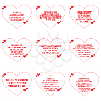 Set of quotes about love and marriage over white background. Simple heart shape design. Vector illustration