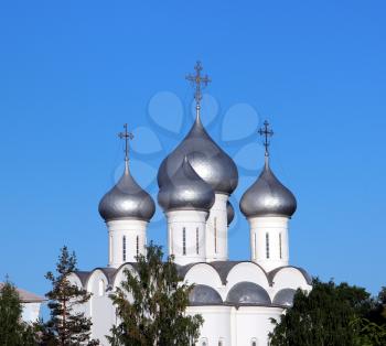 Sophia cathedral in the Vologda city, Russia. Summer sunny day. White church. Top part of the building