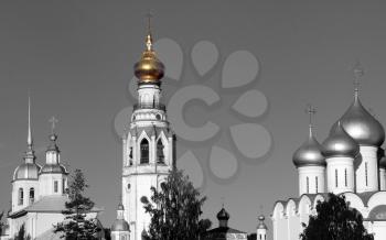 Sophia cathedral in the Vologda city, Russia. Summer sunny day. White church and bell tower.