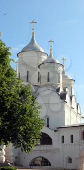 Courtyard of Spaso-Prilutsky Monastery in the Vologda city, Russia. Summer sunny day. White church