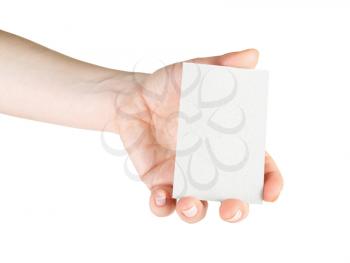 Blank business card in hand. For design presentations and portfolios. Isolated on white. Clipping path.