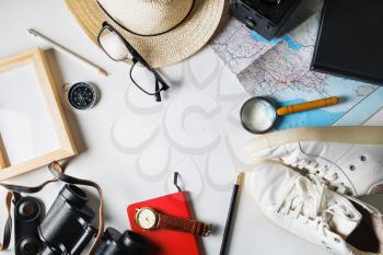 Outfit of traveler. Planning vacation trip. Travel and tourism concept. Flat lay.