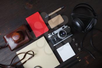 Travel or vacation concept. Vintage stationery and old photo camera. Flat lay.