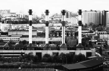 Horizontal black and white industrial chimneys Moscow cityscape background