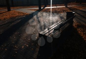 Dramatic autumn park bench with light leak background