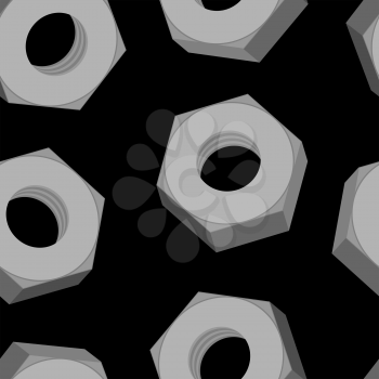 Iron Nuts on a black background seamless pattern. Vector background of metall fasteners.
