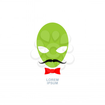 Green alien with  mustache and bow-tie. logo template UFO. vector icon
