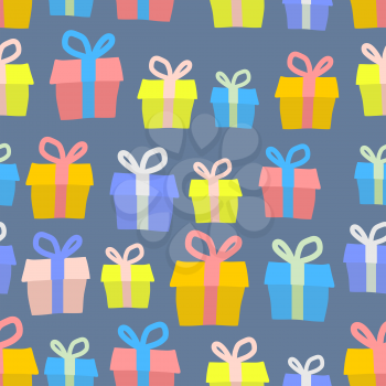 Gifts seamless pattern. Vector background of colored boxes with gifts. Ornament for a greeting card and Christmas.
