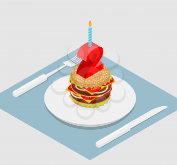 Birthday 2 years Burger. hamburger and candle isometrics. Number two with candle. fast food Anniversary Celebration. Fresh sandwich with cutlet and cheese. Cheerful celebration