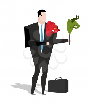 Bear and bull mask in hands of businessman trader. Player on stock exchange holds animals head. Change strategy in business valuations
