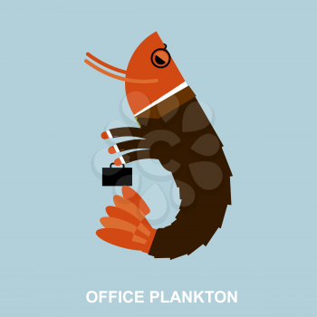 Office plankton. Shrimp in business suit and briefcase. Marine animal goes to work in service. Crustaceans manager in tie and carrying briefcase