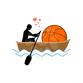 Lover basketball. Guy and ball ride in boat. Lovers of sailing. Romantic date. Love sport play game 
