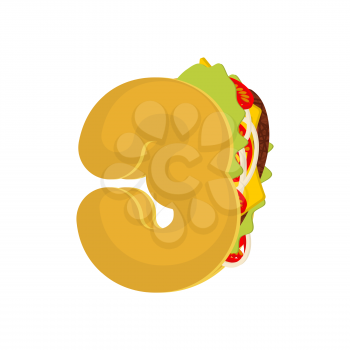 Number 3 tacos. Mexican fast food font three. Taco alphabet symbol. Mexico meal ABC