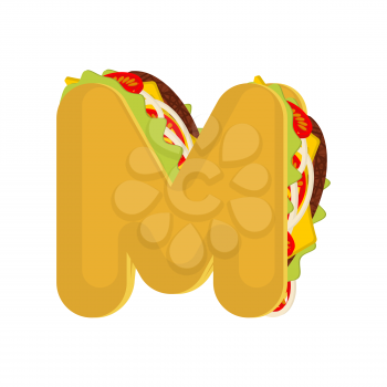 Letter M tacos. Mexican fast food font. Taco alphabet symbol. Mexico meal ABC