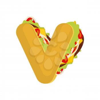 Letter V tacos. Mexican fast food font. Taco alphabet symbol. Mexico meal ABC