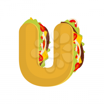 Letter U tacos. Mexican fast food font. Taco alphabet symbol. Mexico meal ABC
