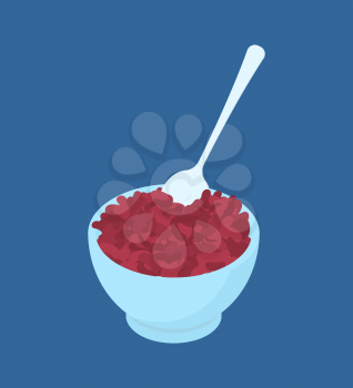 Bowl of red bean porridge and spoon isolated. Healthy food for breakfast. Vector illustration