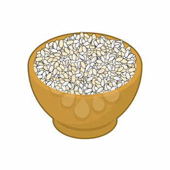 Round rice in wooden bowl isolated. Groats in wood dish. Grain on white background. Vector illustration
