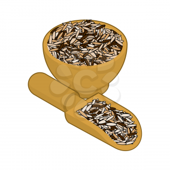 Wild rice in wooden bowl and spoon. Groats in wood dish and shovel. Grain on white background. Vector illustration