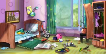 Digital painting of the room of little boy with toys, bed, books and other objects.