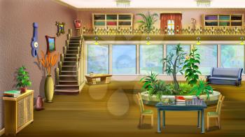 The interior of a large room with huge windows and stairs to the second floor. Digital Painting Background, Illustration in cartoon style character.