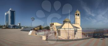 Orthodox church in the Odessa seaport, Ukraine. Panoramic view in a sunny morning